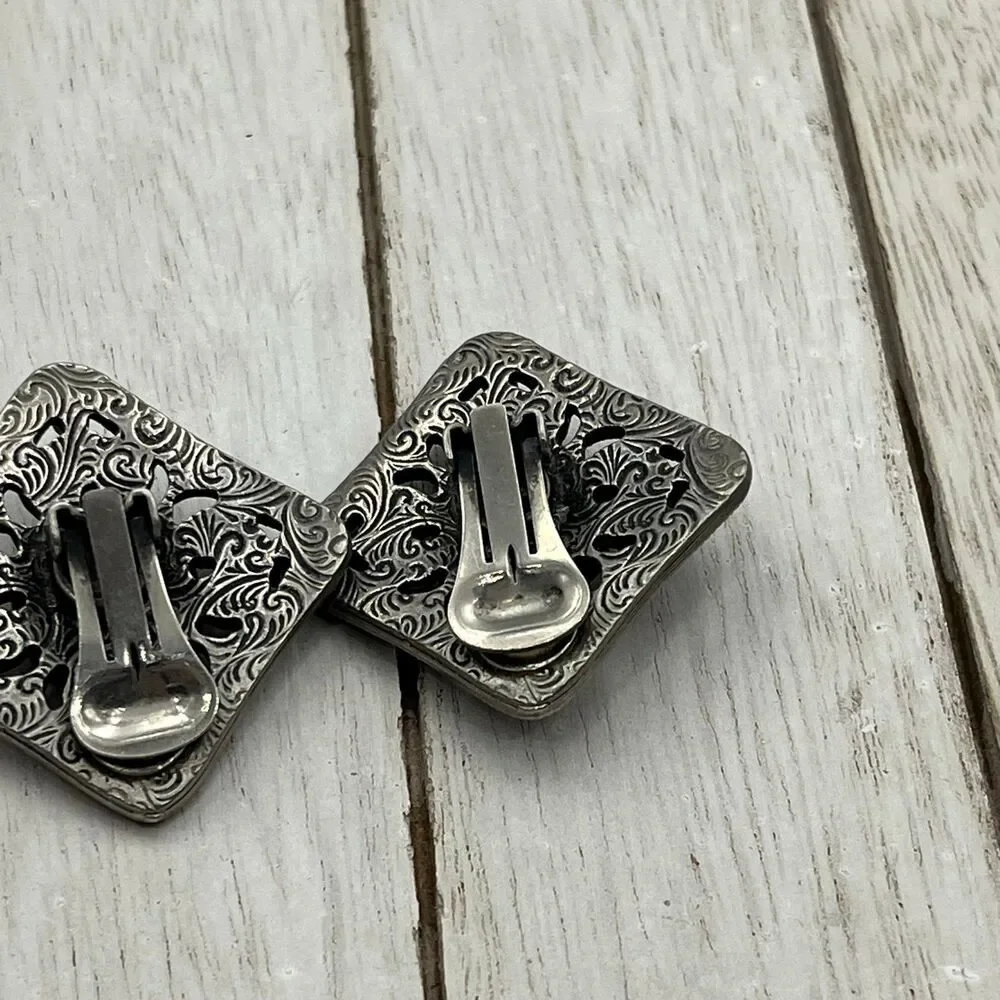 Clip On EARRINGS Pink Black Green Rhinestone Silver Tone 1.5